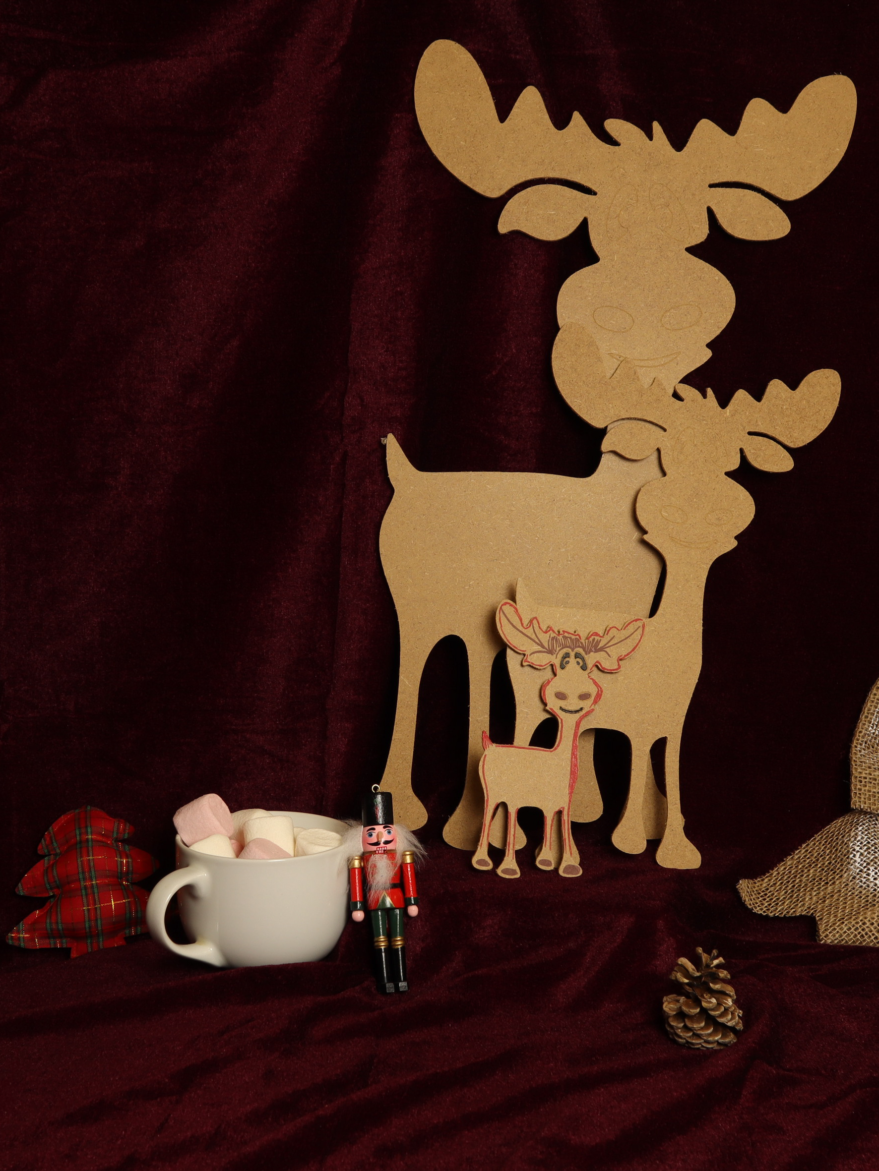 Caribous en bois à décorer Famille Tonnerre, lot de 3 tailles pour décoration de Noël